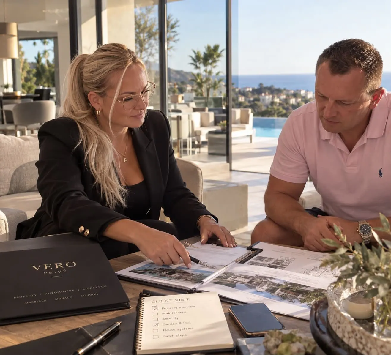 Agata and Michael reviewing an estate plan in Marbella